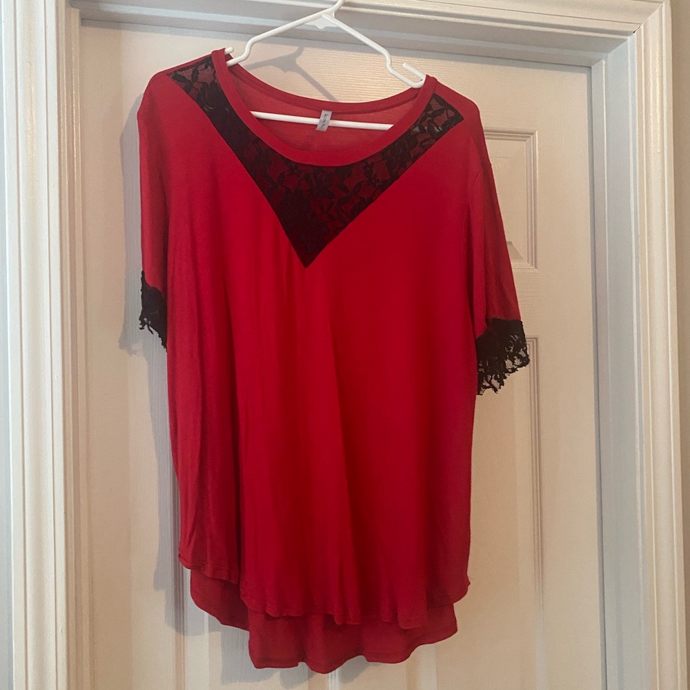Acting Pro Red Top with Black Lace Trim